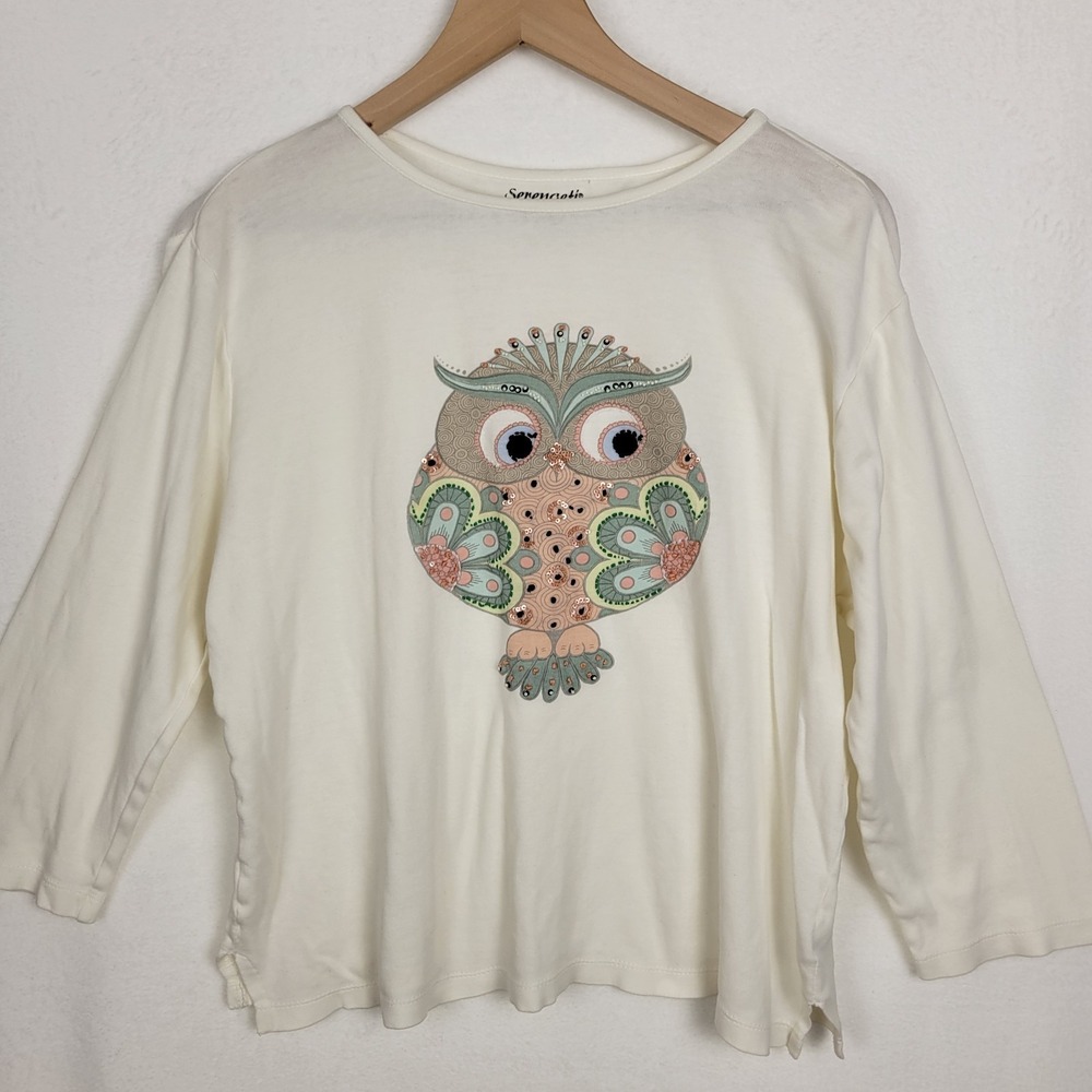 Vintage Serengeti Embellished‎ Owl Top Size L Grandmacore Cottagecore 90s Y2K